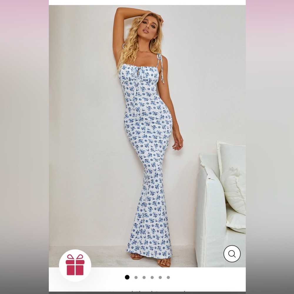 Tie Shoulder Fishtail Hem Floral Print Prom Dress - White
